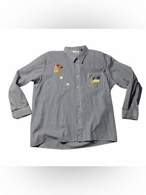 Navy and White Striped Embroidered Button-Down Shirt with a Nautical Theme- 80’s
